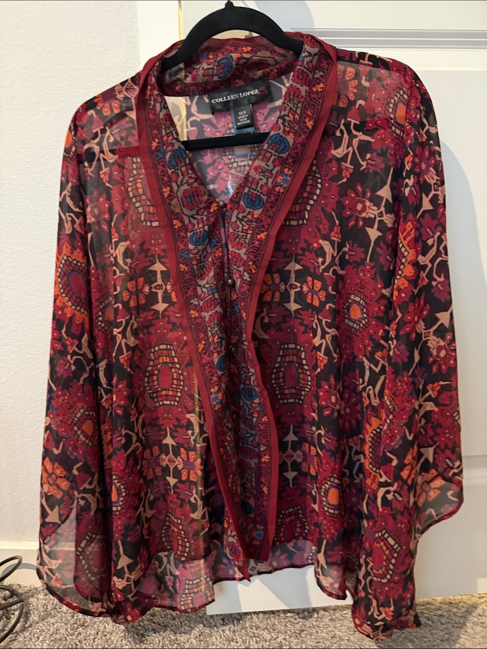 Colleen Lopez Burgundy and Black Printed Sheer Blouse